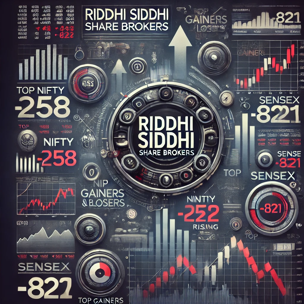 Riddhi Siddhi Share Brokers market update showing stock market indices, NIFTY and Sensex performance, with highlights on a bearish day. Financial charts, red trend lines, and stock tickers reflect market volatility and investment insights