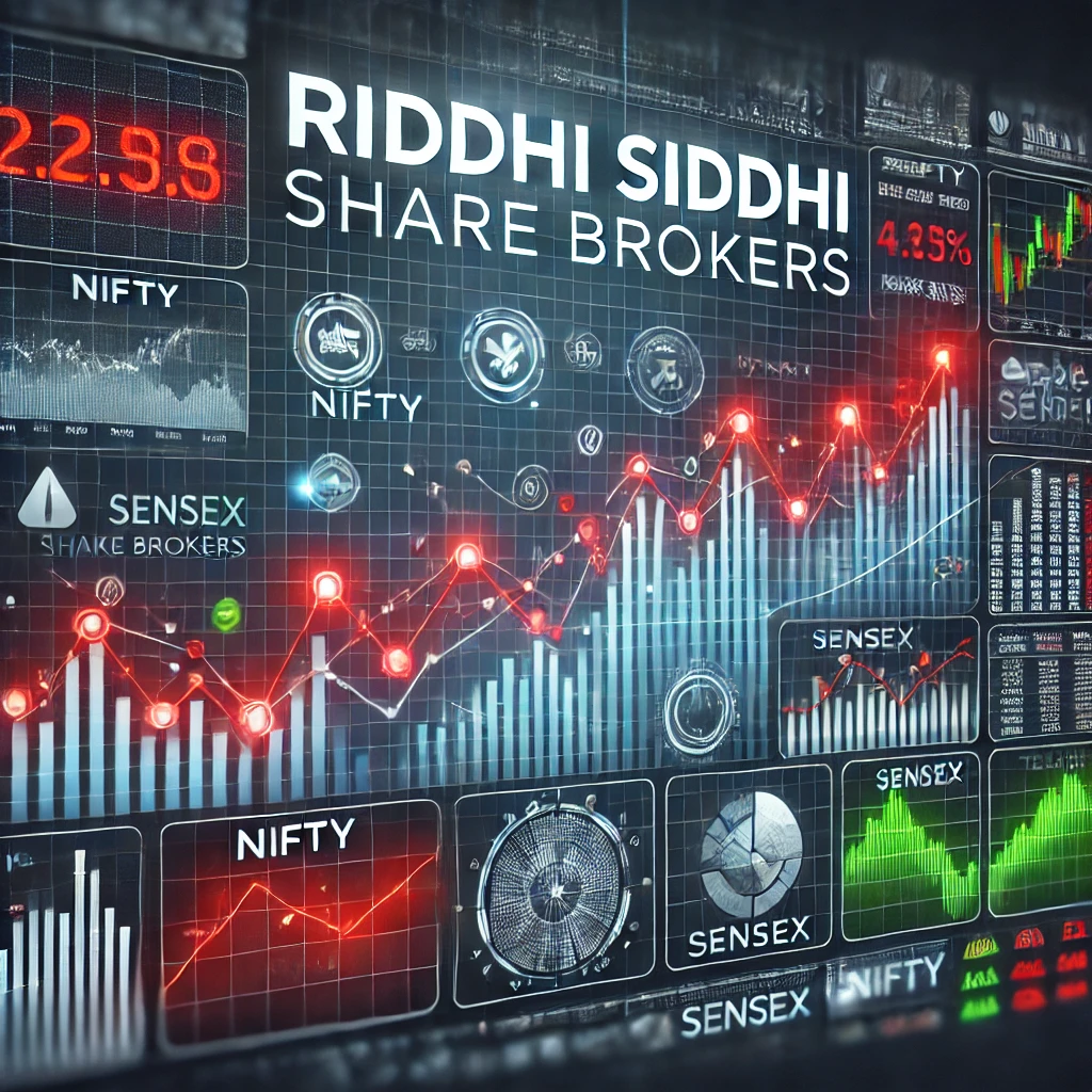 Riddhi Siddhi Share Brokers market analysis with stock charts, indicators, and financial data on a digital dashboard background