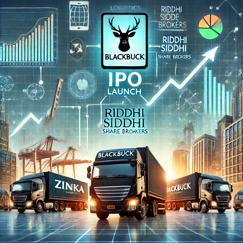 Illustration of Zinka Logistics IPO launch with branding from Riddhi Siddhi Share Brokers, showcasing India's digital logistics sector growth.