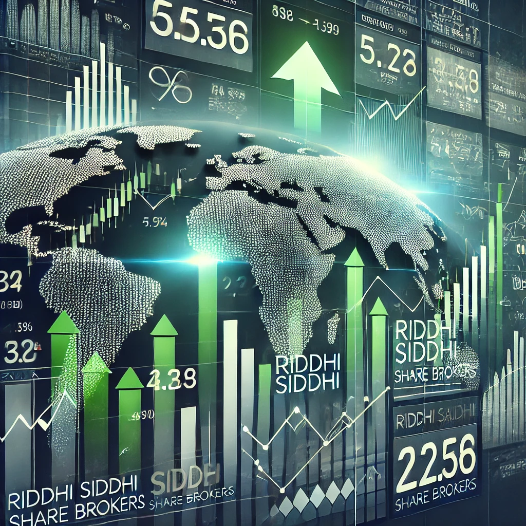 Stock market-themed image with digital stock tickers, upward green arrows, and financial graphs, featuring the brand name 'Riddhi Siddhi Share Brokers' prominently displayed.