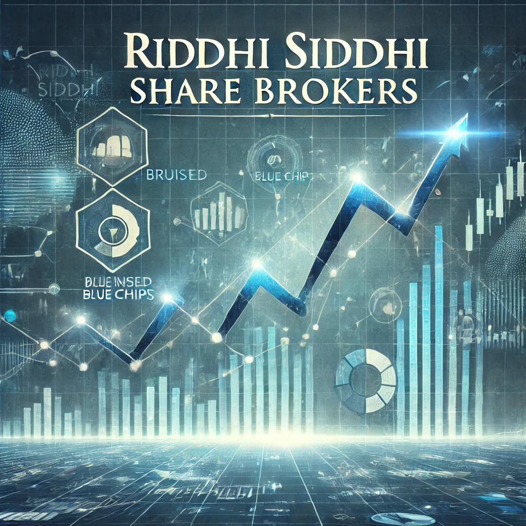 Professional illustration featuring financial charts with upward and downward trends, blue-chip stock icons, and the text 'Riddhi Siddhi Share Brokers' on a business-themed background.