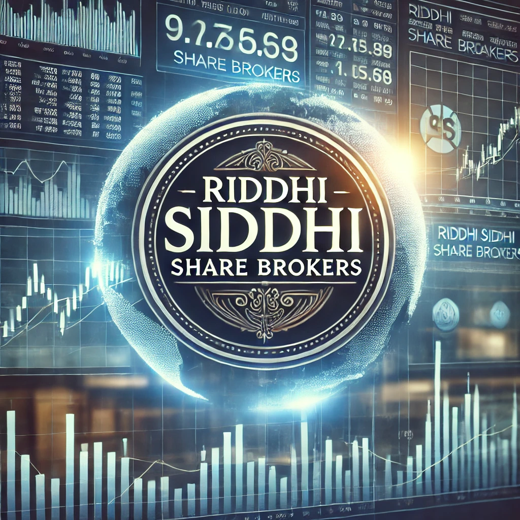 Stock market-themed graphic with 'Riddhi Siddhi Share Brokers' prominently displayed, featuring stock charts and financial data on a modern corporate background.