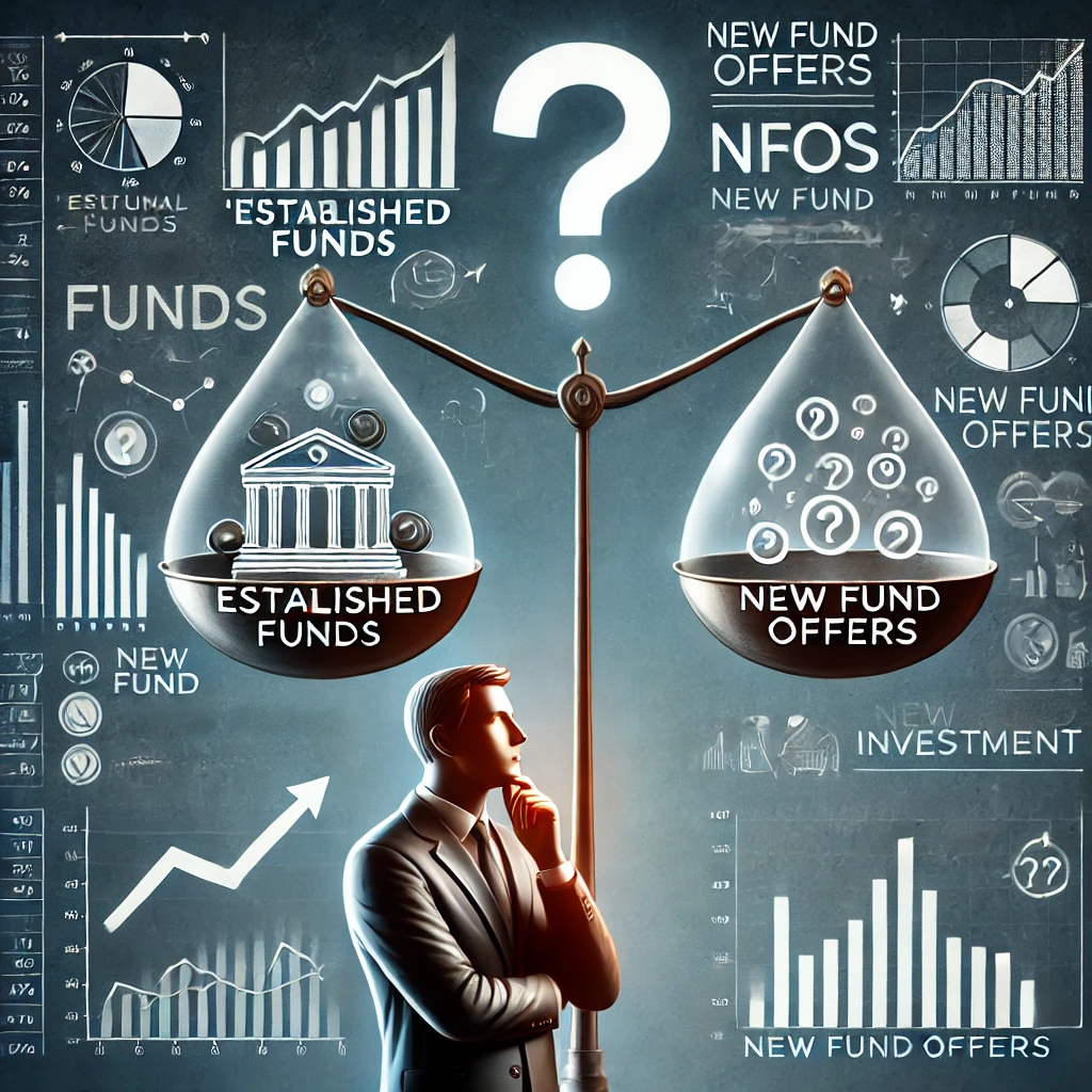 Conceptual illustration of mutual fund investment strategies comparing established funds with new fund offers (NFOs).