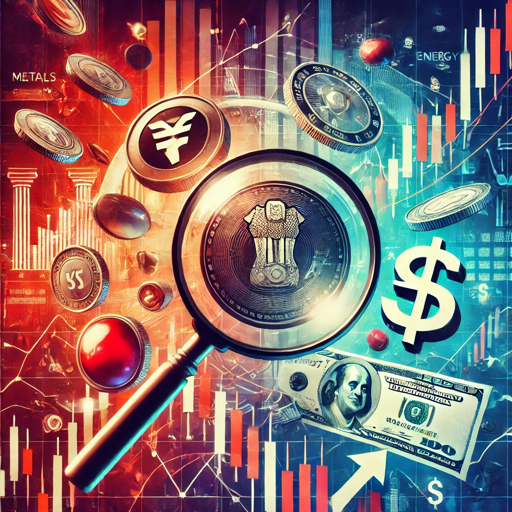 Stock market analysis featuring Nifty and Sensex graphs, Indian Rupee and US Dollar symbols, and key sectors highlighted by Riddhi Siddhi Share Brokers.