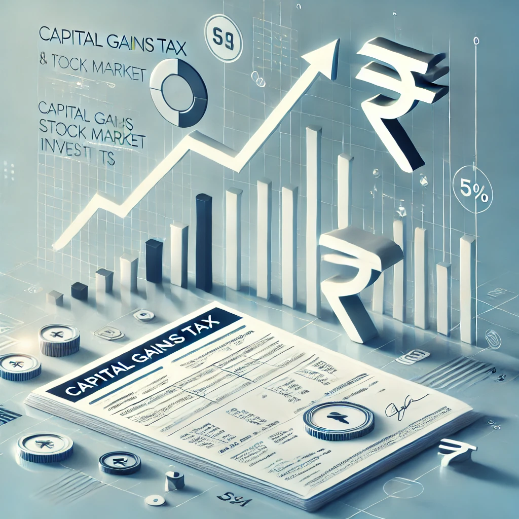 Minimalist financial-themed image depicting capital gains tax, stock market investments, and a rising stock graph.