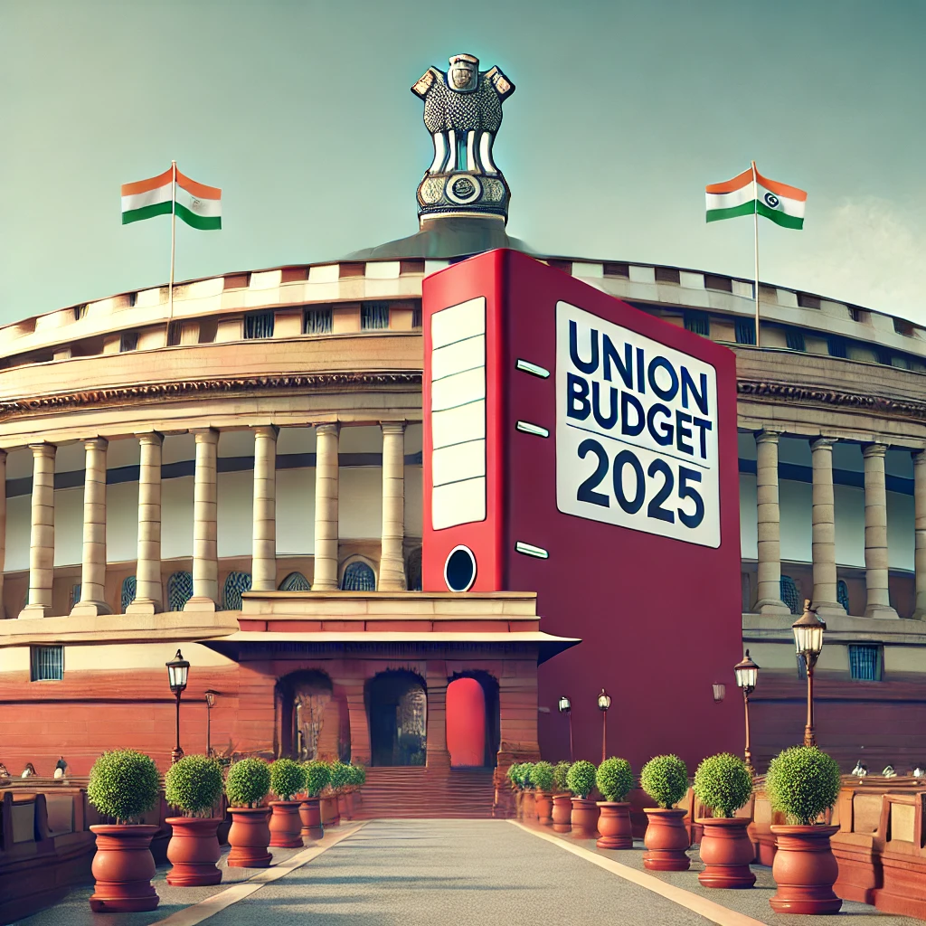 Illustration of the Indian Parliament with a red Budget file, symbolizing the Union Budget 2025.