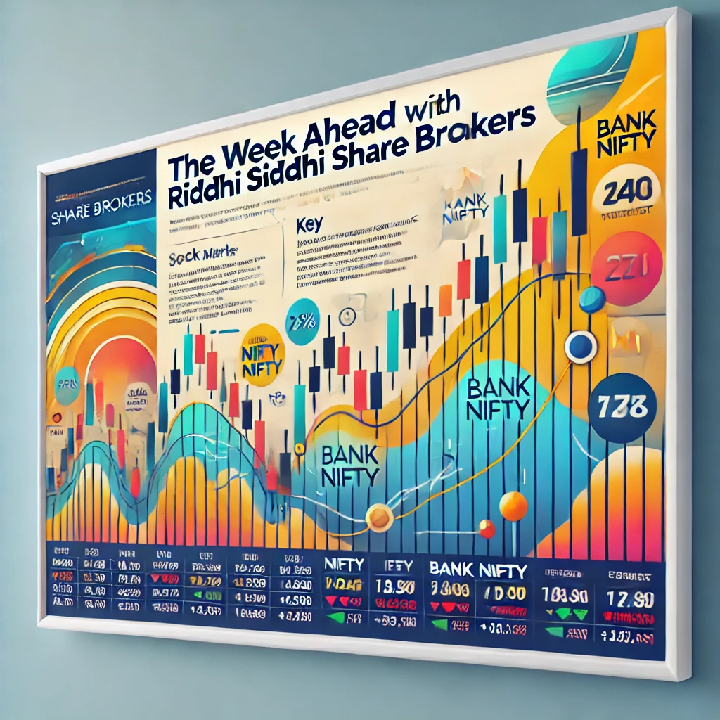 Stock market analysis graphic for "The Week Ahead with Riddhi Siddhi Share Brokers," featuring financial trends, Nifty and Bank Nifty insights, and a vibrant professional design.