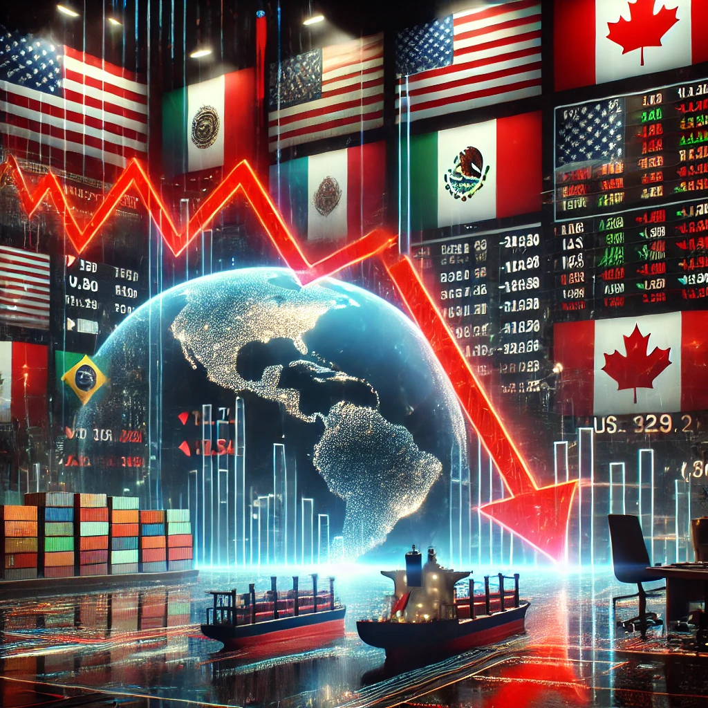 Stock market volatility due to the U.S. trade war with Mexico, Canada, and China, featuring falling stock prices and red downward arrows.