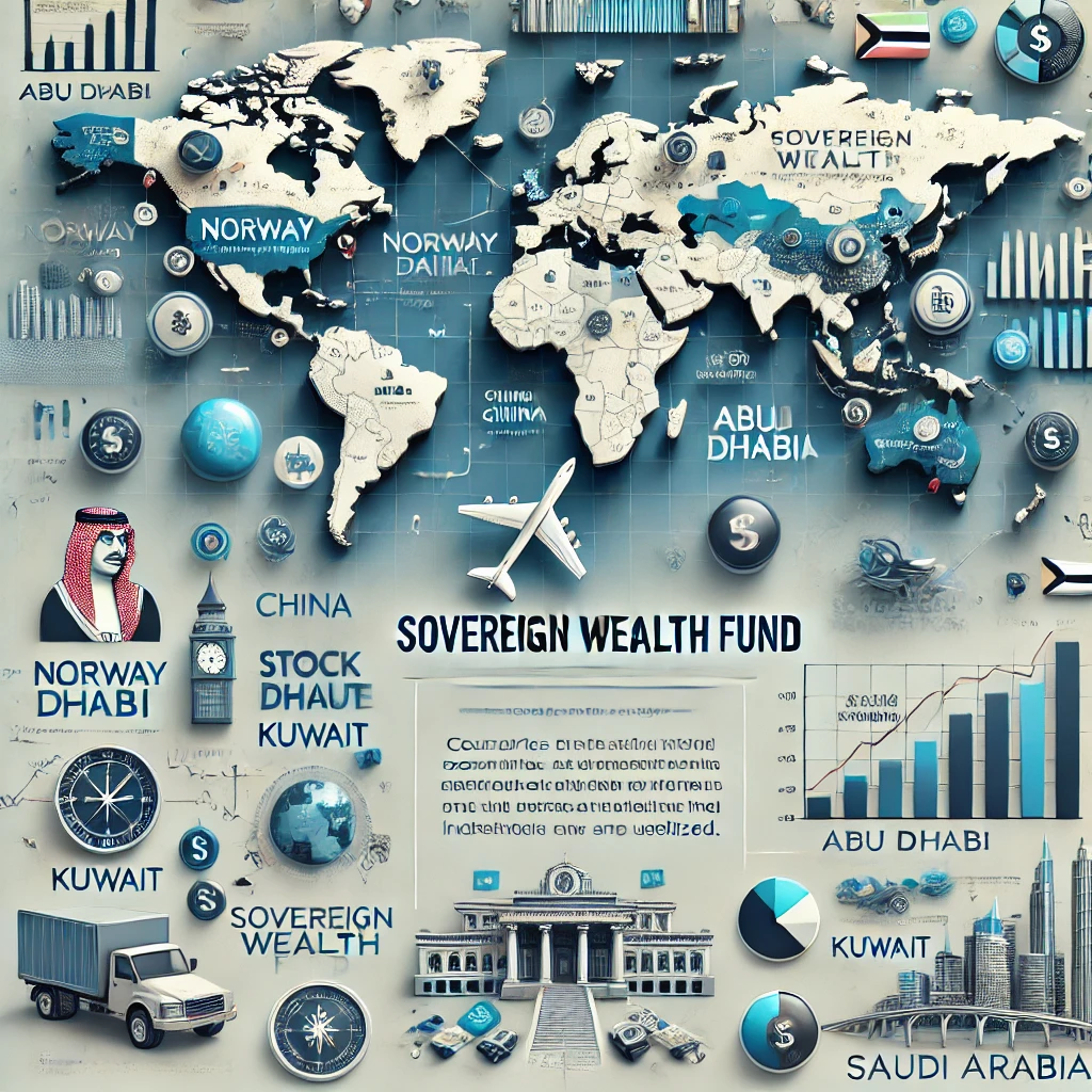 Infographic illustrating the concept of a Sovereign Wealth Fund (SWF) with a world map and financial elements.