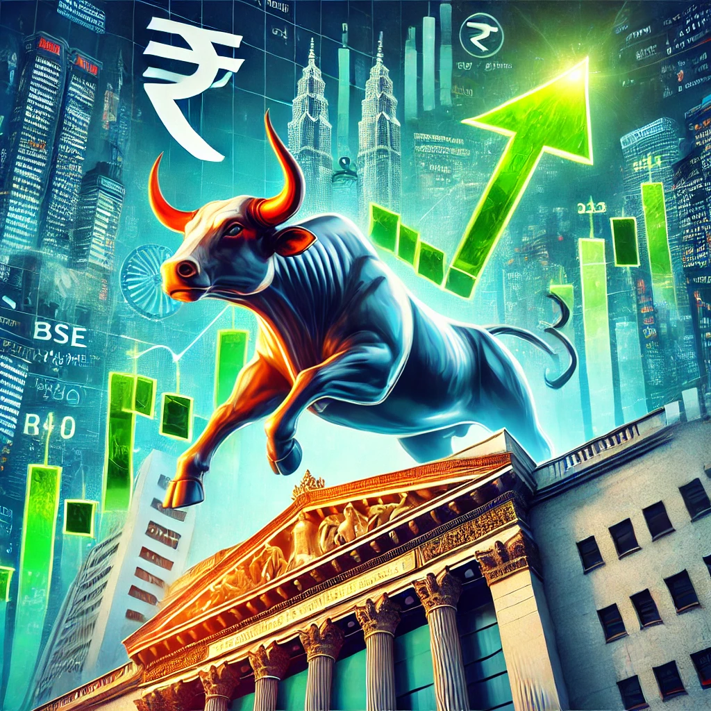 Bullish Indian stock market with a rising stock chart, green candlestick patterns, and BSE building featuring 'Riddhi Siddhi Share Brokers'.