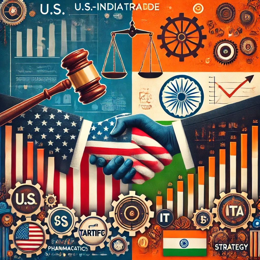 A symbolic representation of U.S.-India trade tensions, featuring trade policies, industry impact, and economic strain.